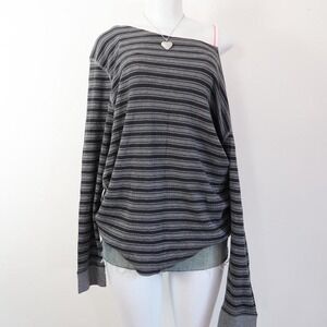y2k thermal stripe long sleeve grey black waffle knit off shoulder